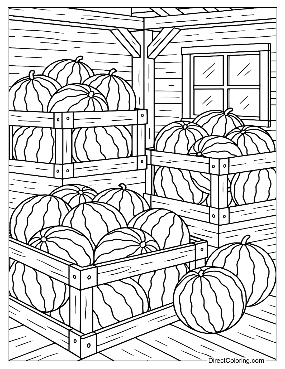 Coloring page of wooden crates filled with watermelons stacked in a produce warehouse.